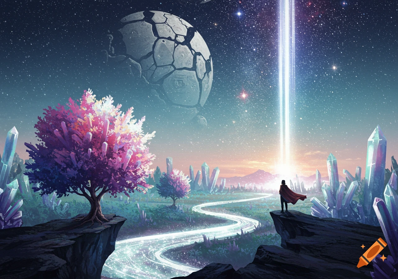 Lone figure in a red cloak overlooks a vibrant, surreal landscape with crystal trees, a glowing river, and a broken moon under a starry sky.
