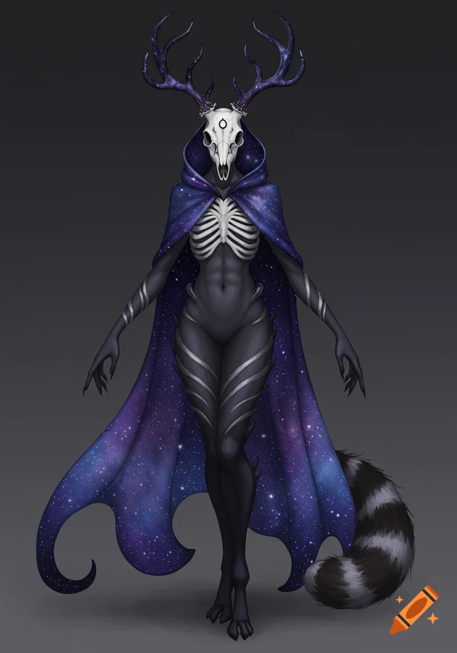 A tall, elegant dark fantasy creature with a deer skull head, exposed ribs, a galaxy cloak, and a raccoon tail.
