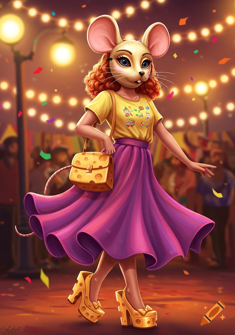 A person in a mouse mask, yellow t-shirt, purple skirt, and cheese heels walks through a festive street with string lights and confetti.