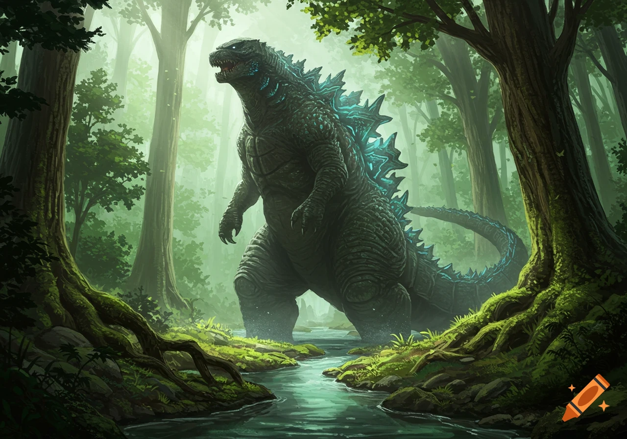 A powerful Godzilla with glowing blue spines stands majestically in a misty forest stream, surrounded by lush green trees. Detailed illustration.