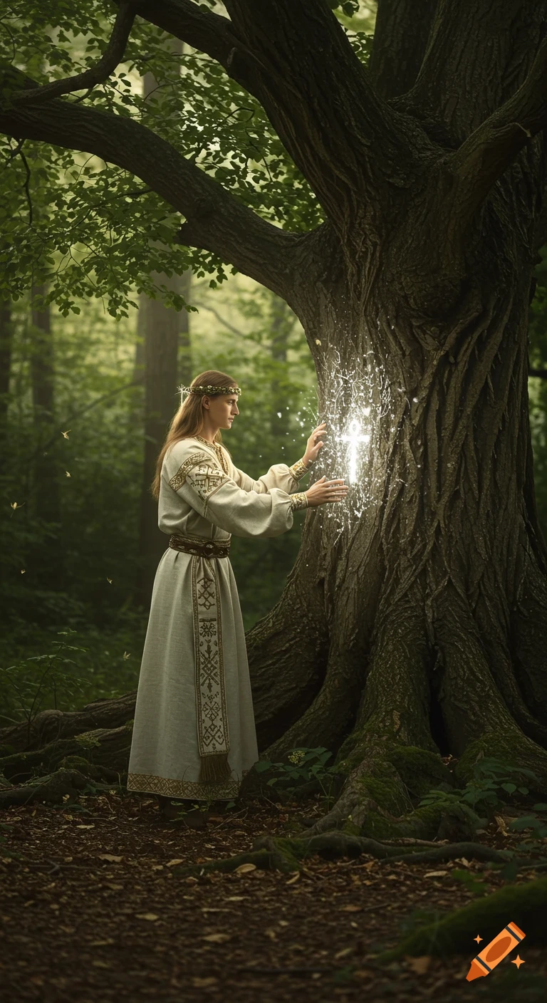 A figure in ancient robes with a floral crown touches a glowing sacred tree in a mystical, ancient forest.