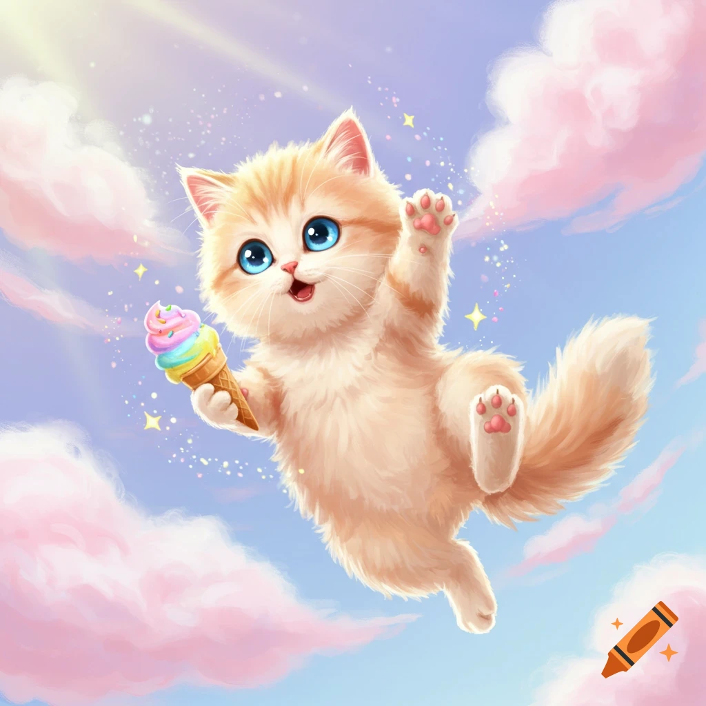 A cute cartoon kitten with blue eyes floats in a magical sky with pink clouds, holding a colorful ice cream cone.