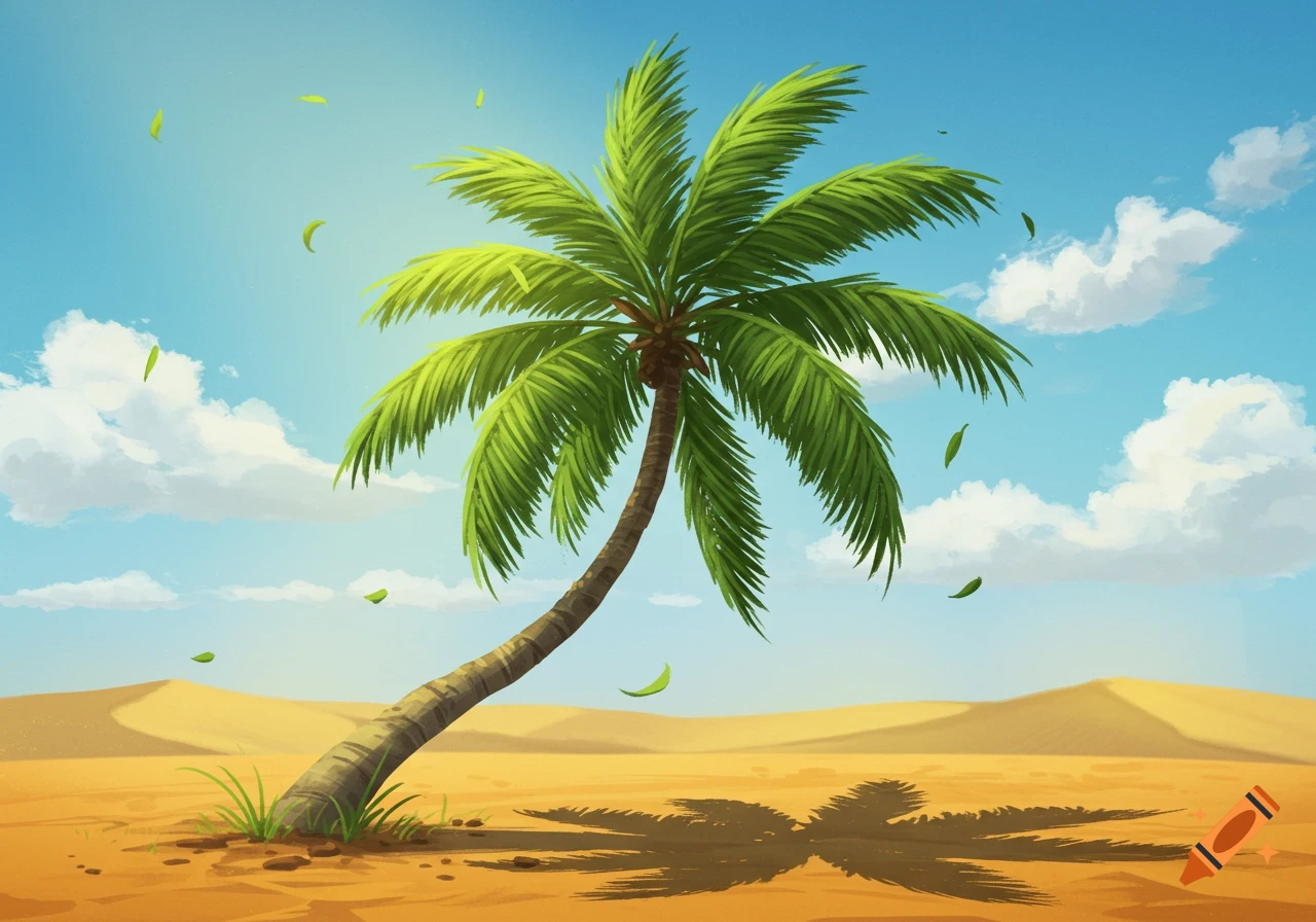 An illustrated palm tree bending right in a sandy desert under a blue sky with white clouds, with green leaves falling.