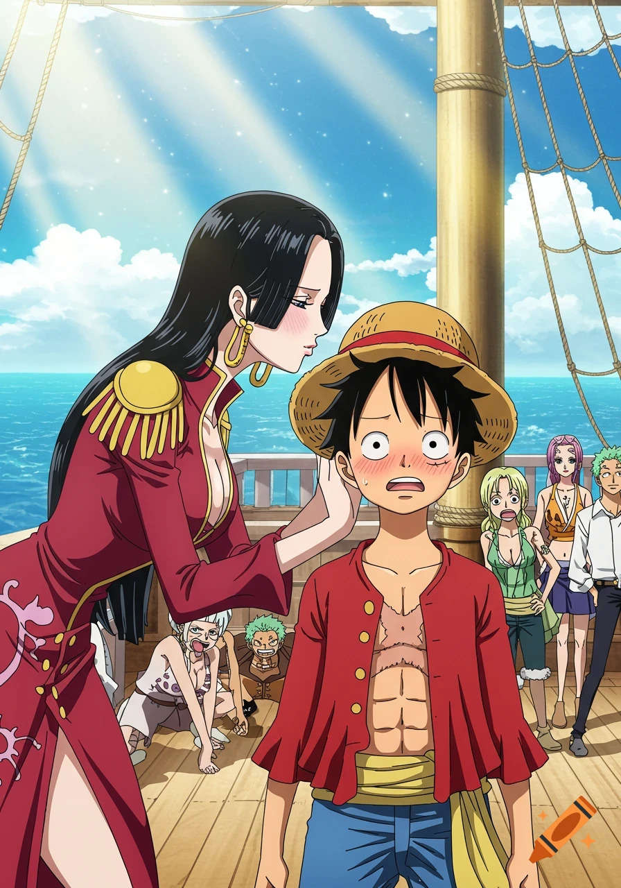 Anime characters Boa Hancock and Luffy on a ship, with Hancock leaning towards a blushing Luffy and other characters reacting in the background.
