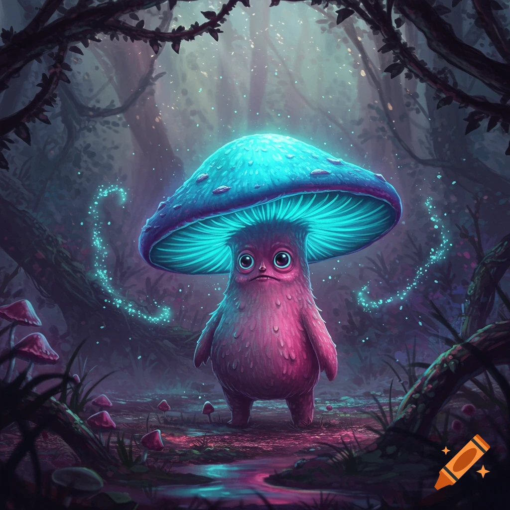 A cute, pink mushroom creature with a glowing blue cap and big eyes stands in a magical, dark forest, surrounded by faint glowing particles. Digital art.