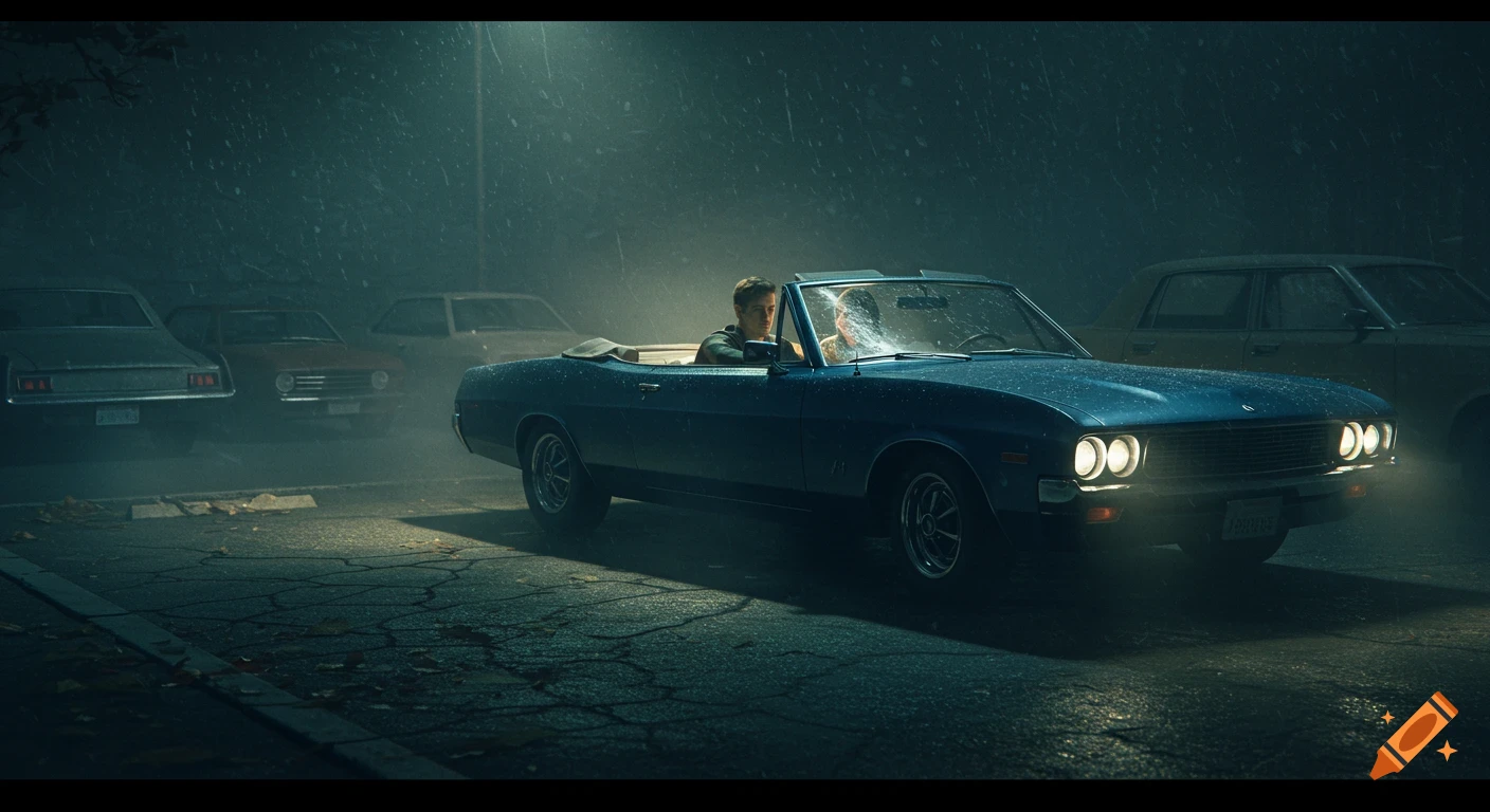 A couple sits in a blue convertible in a rain-soaked, dimly lit parking lot at night.