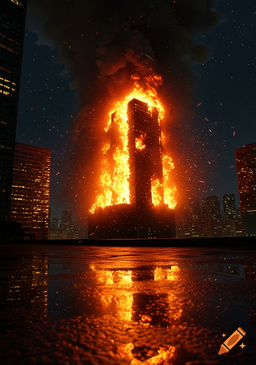 Photorealistic image of a tall building engulfed in massive flames, reflected on a wet surface at night in a city.