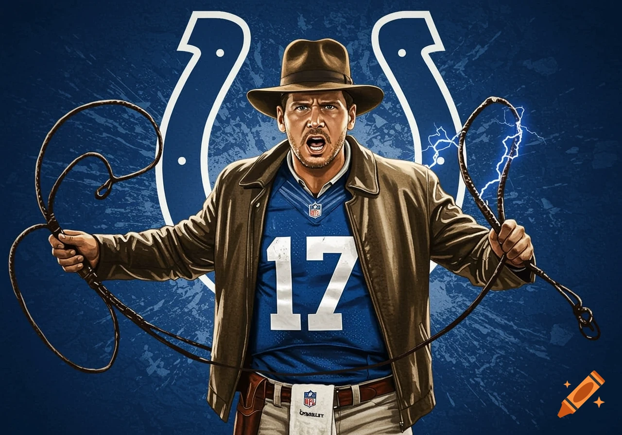 An illustrated man resembling a football player in an Indiana Jones outfit, wearing a blue jersey with '17' on it, holding whips with lightning.