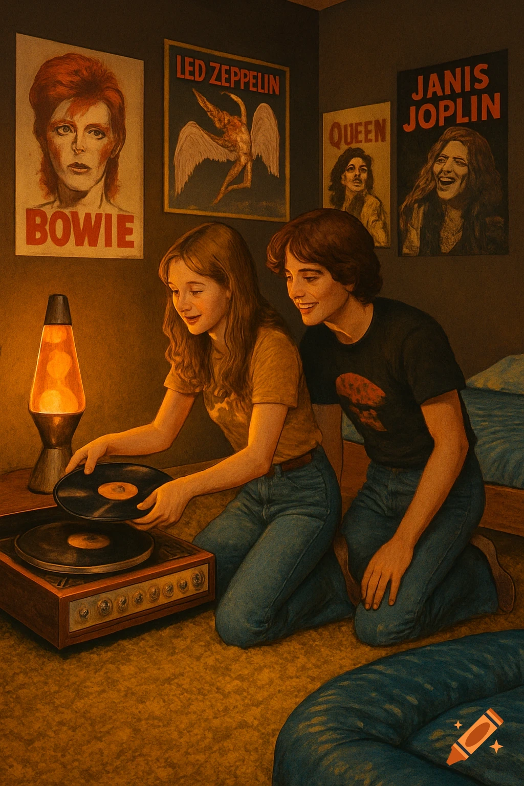 Two teens in a retro room, putting a record on a turntable, surrounded by rock star posters and a lava lamp.