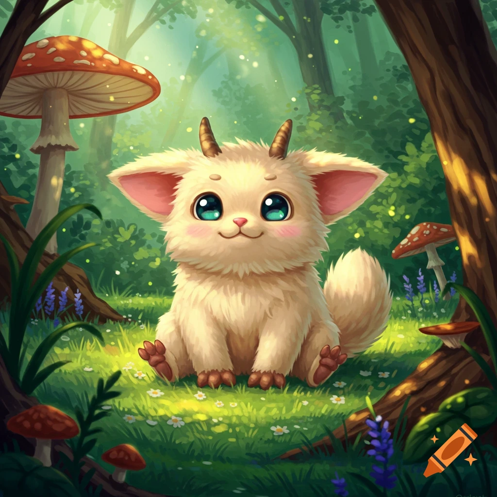 A cute, fluffy cream-colored creature with large blue eyes and small horns sits on a mossy forest floor surrounded by mushrooms.