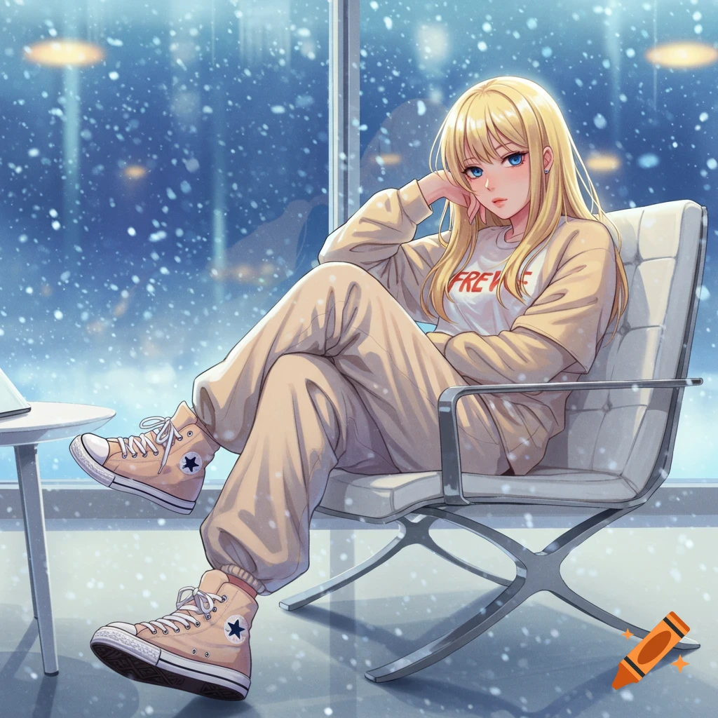 A blonde anime girl in a beige tracksuit and Converse-style shoes sits in a chair by a large window as snow falls outside.