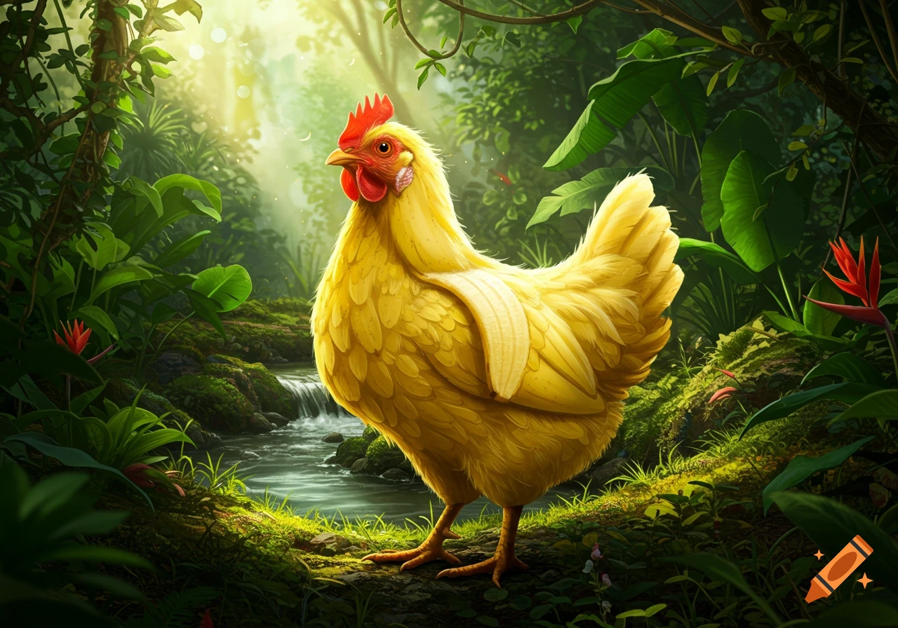 A vibrant yellow chicken, with feathers resembling banana peels, stands in a lush, sunlit jungle with a small stream.