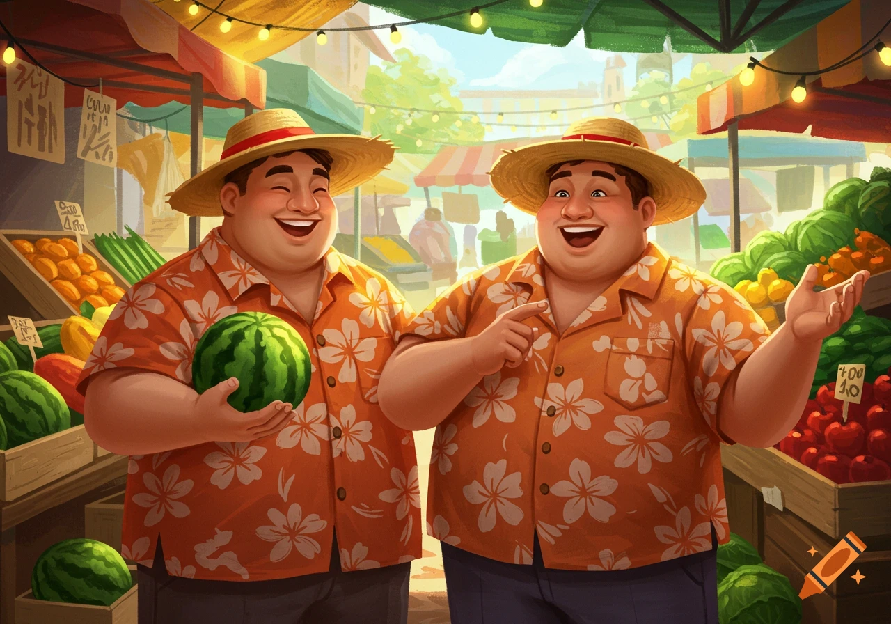 Two cheerful, plump men in straw hats and Hawaiian shirts stand smiling in a vibrant outdoor fruit market, one holding a watermelon.