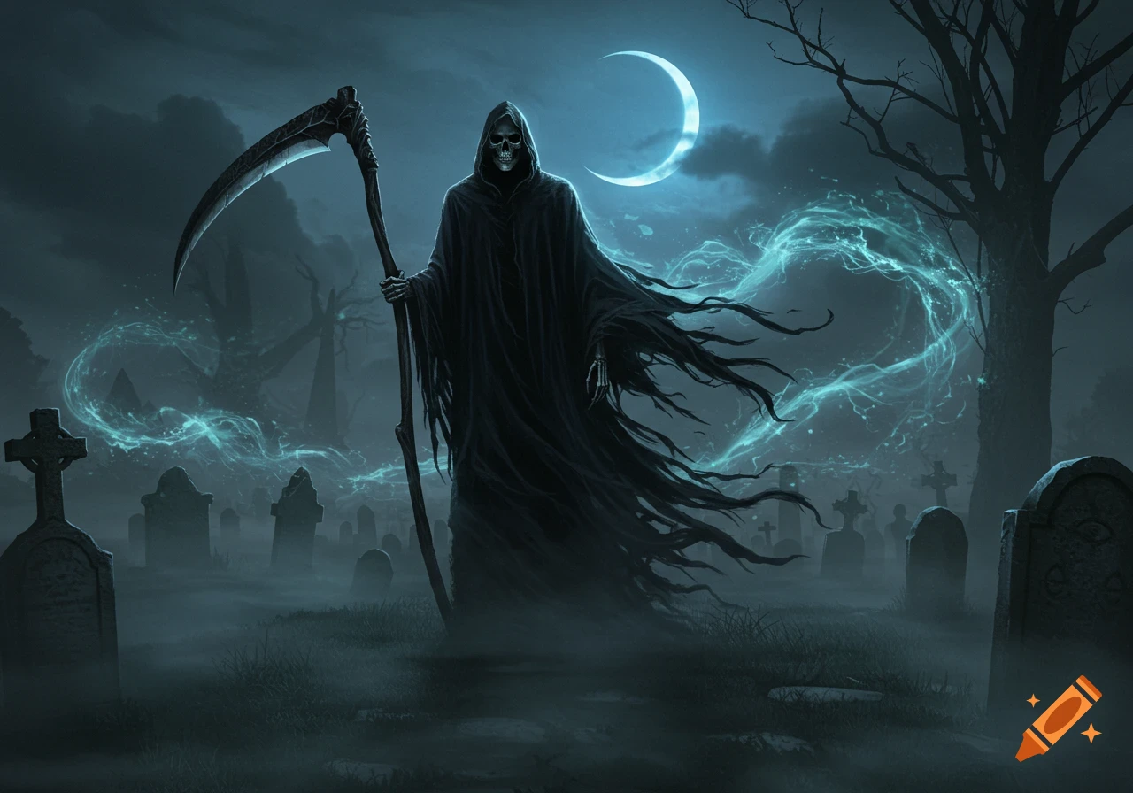 A dark fantasy illustration of the Grim Reaper standing in a misty graveyard under a crescent moon with glowing ethereal energy.