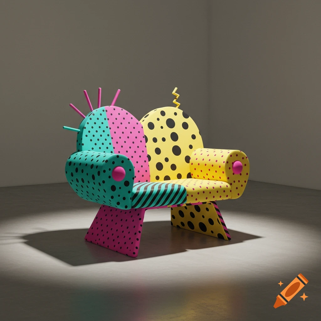 A brightly colored, postmodern 3-seater chair in Memphis design, with teal, pink, and yellow sections featuring polka dots and stripes.
