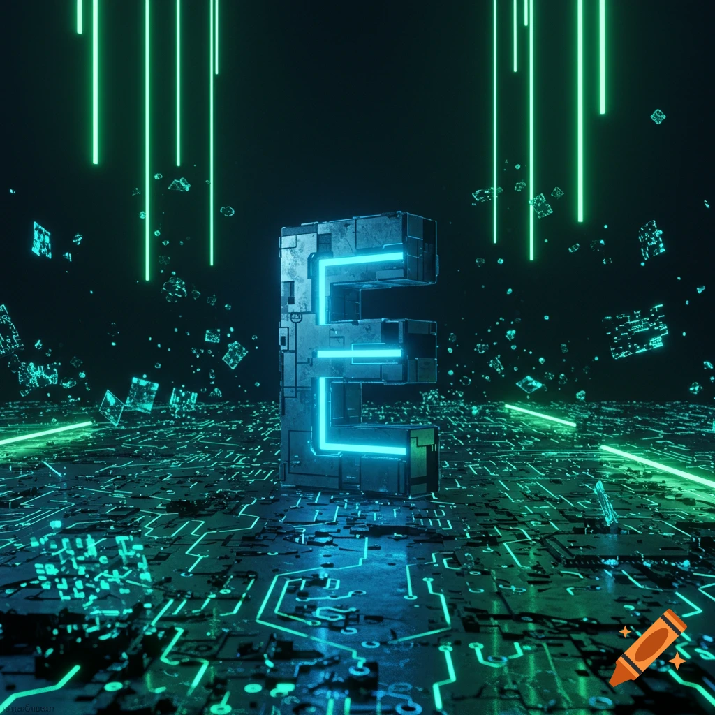 A large, glowing, neon-blue letter E stands on a dark circuit board surface with green digital lines and falling green light beams.