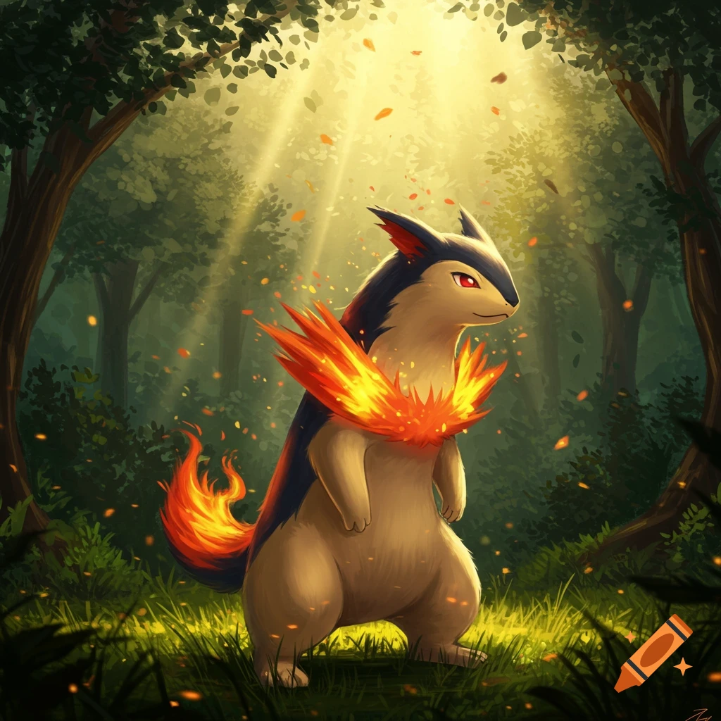 A stylized Typhlosion Pokémon stands in a sunlit forest with orange leaves and embers, a fiery collar around its neck.