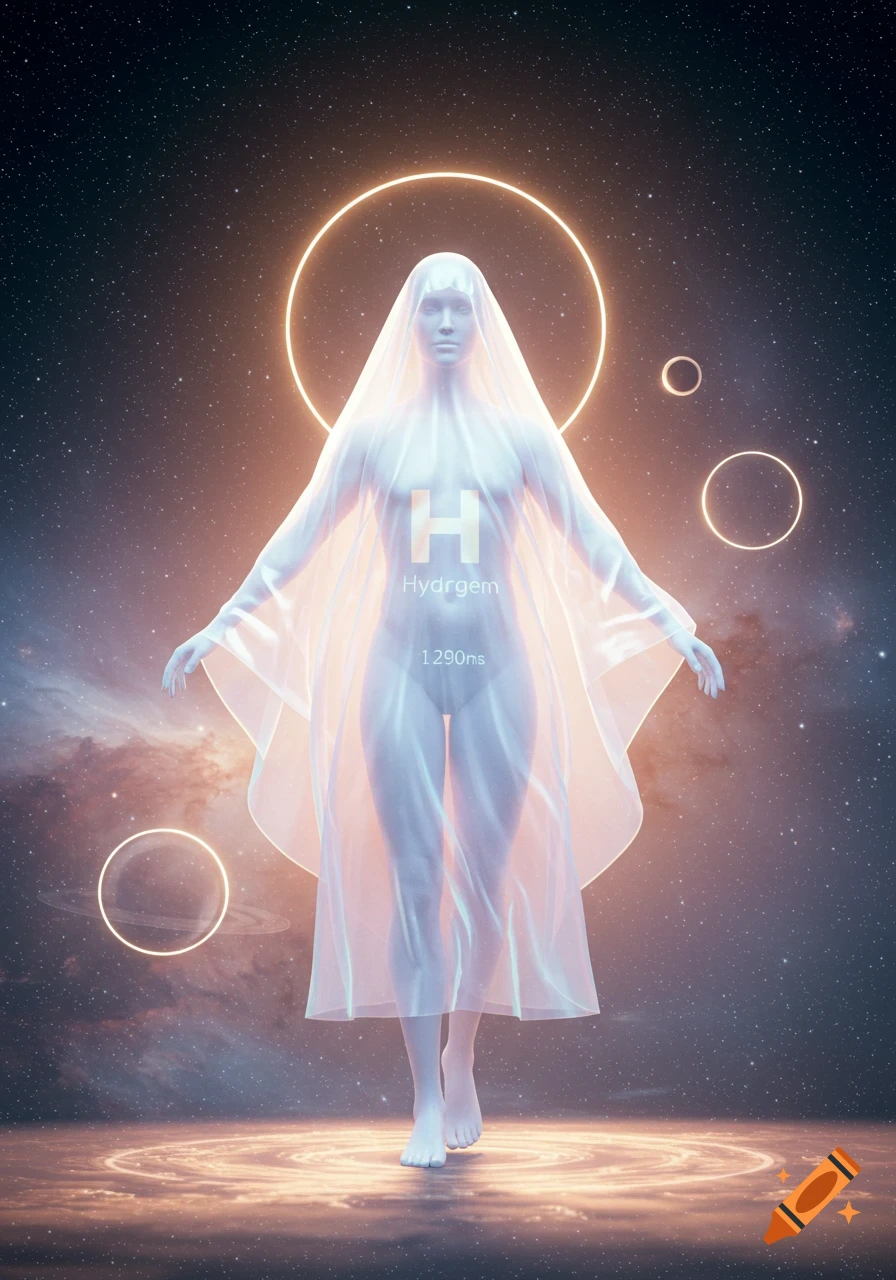 Ethereal, translucent figure representing Hydrogen, with 'H' and 'Hydrgem' on its chest, floating in a cosmic starfield with glowing rings.