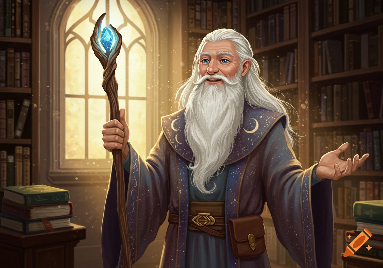 A kindly old wizard with a long white beard, blue eyes, and starry robe holds a glowing crystal staff in a sunlit library.
