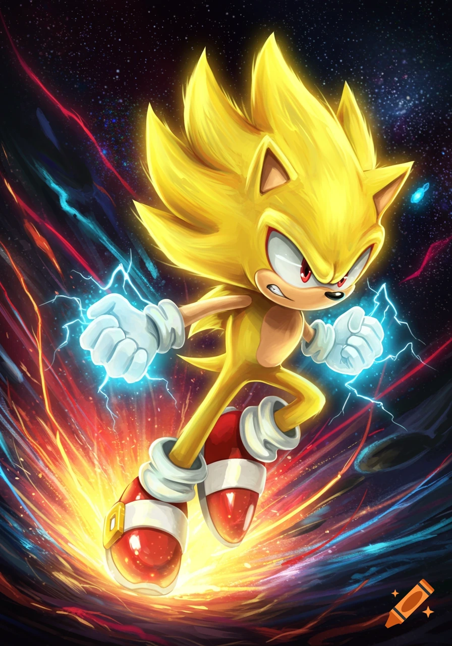 Super Sonic, glowing yellow with red eyes, generates blue lightning with his hands, against a cosmic backdrop of red and blue energy.