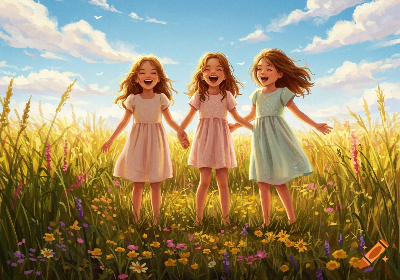 Three happy young girls in colorful dresses hold hands in a sunlit field of tall grass and wildflowers, in an illustration style.