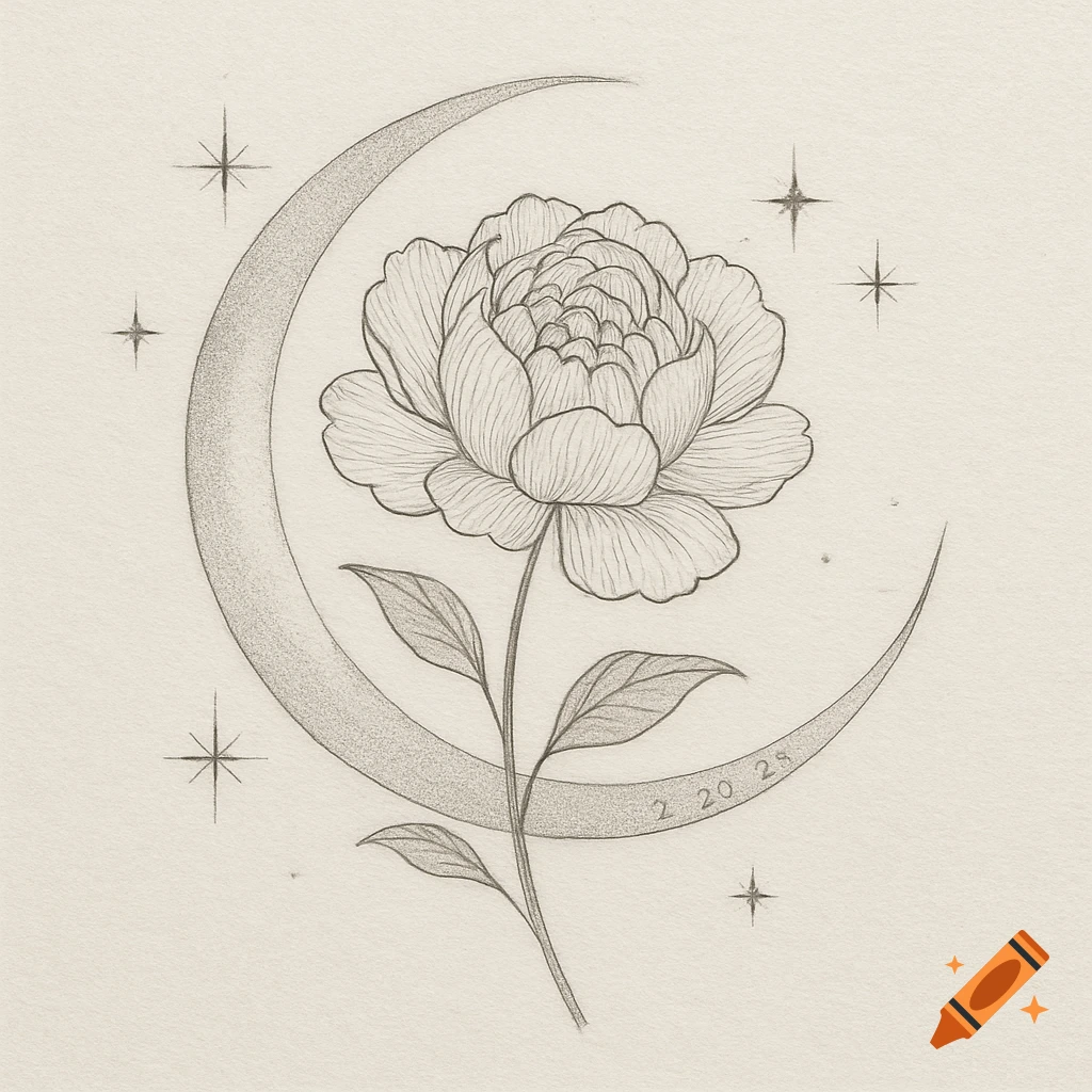 Fine-line pencil sketch of a peony flower, crescent moon, and stars. The date 2 20 28 is on the moon.