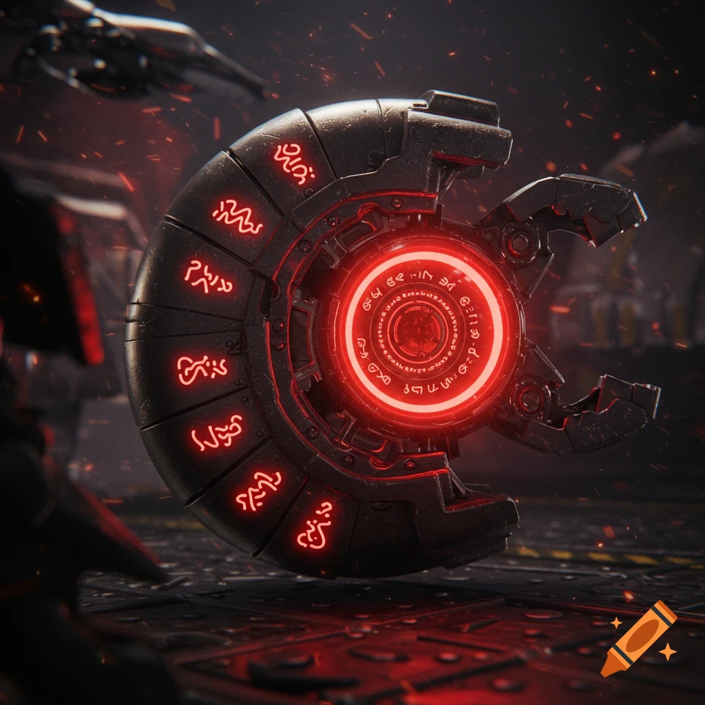 A dark, ribbed, segmented sci-fi device with a glowing red core and red alien-like glyphs on its surface, against a dark, industrial background with red sparks.