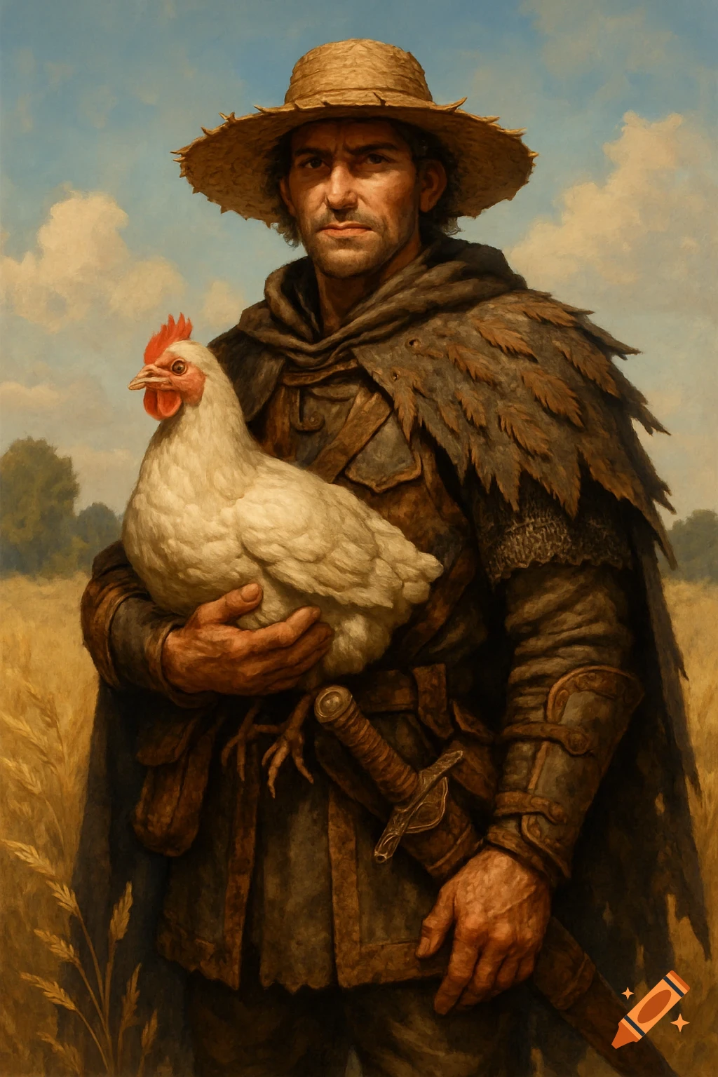 An oil painting of a rugged man in a straw hat and adventurer cloak, holding a white chicken in a field under a cloudy sky.