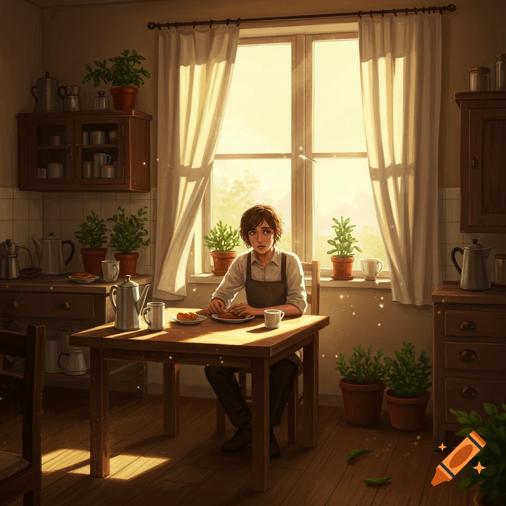 Pensive person sits at a sunlit kitchen table, appearing to struggle to eat in an illustration.