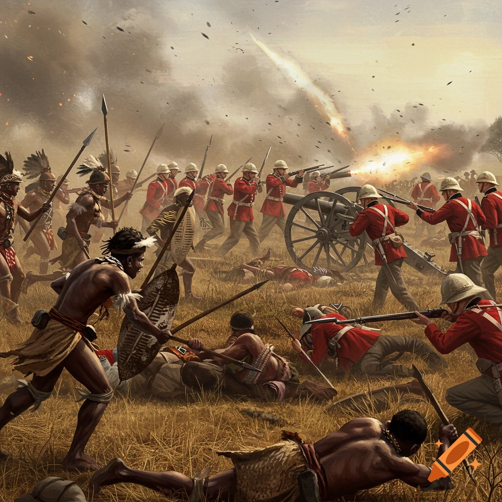 A dramatic historical battle scene of Zulu warriors charging British infantry and a firing cannon in a smoky, grassy field.