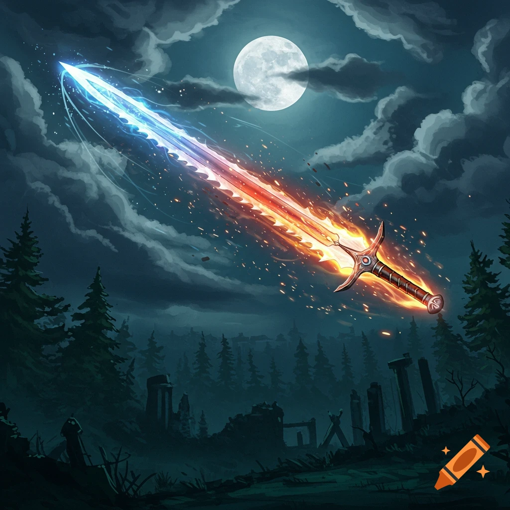 A vibrant, glowing red and blue sword flies through a moonlit night sky over a dark pine forest with ancient ruins. Fantasy art style.