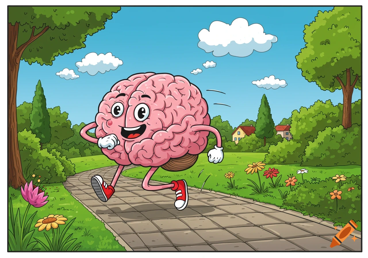 A happy, pink cartoon brain with arms, legs, and red shoes jogs on a paved path through a green park under a blue sky.