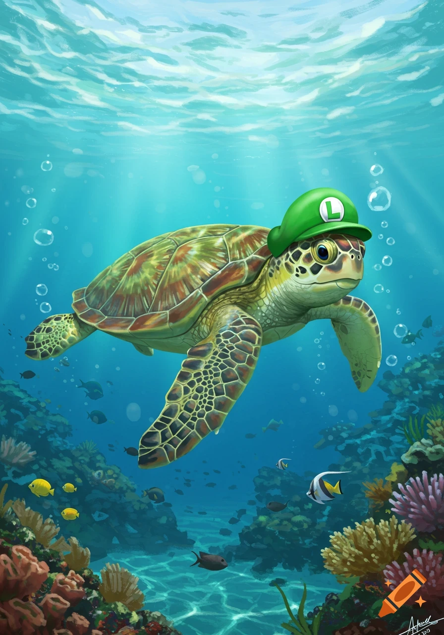 An illustrated sea turtle wearing a green Luigi hat swims underwater among colorful coral and small fish.