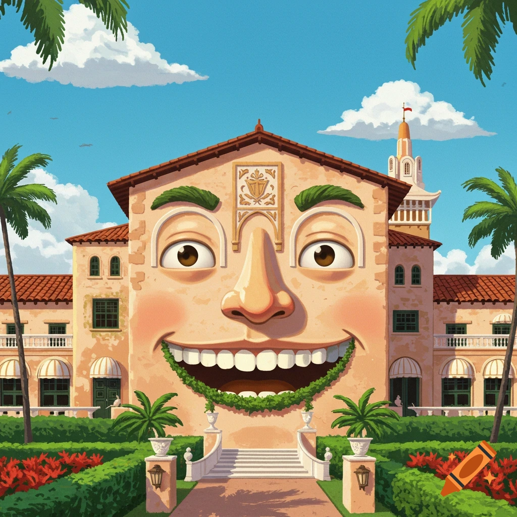 A resort-like building with a large smiling cartoon face, palm trees, and manicured gardens under a blue sky.