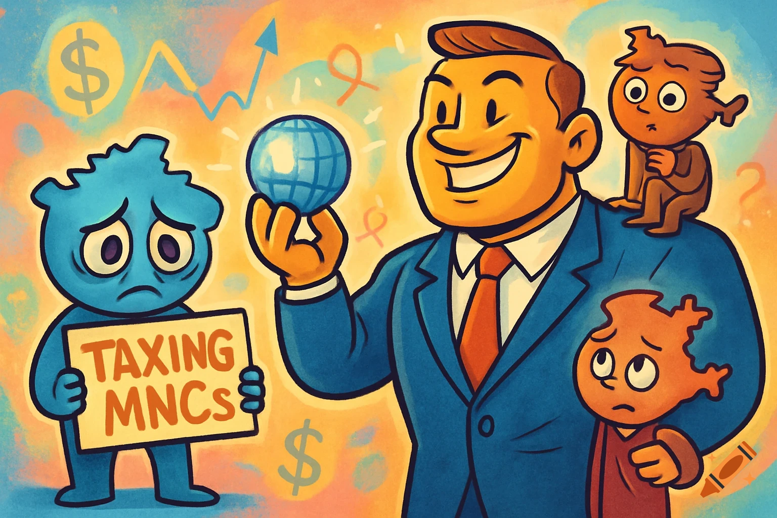 Cartoon illustration of a sad blue character holding a 'Taxing MNCs' sign, a smiling businessman holding a globe, and worried small characters.