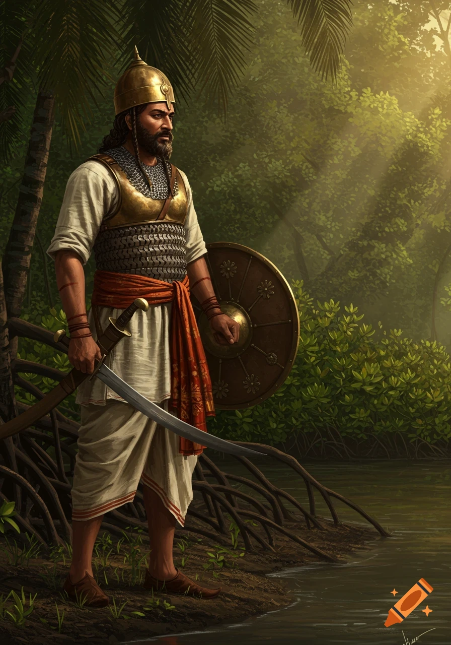 A historical Bengal warrior in armor with a sword and shield stands by a mangrove riverbank at golden hour, painterly realistic.