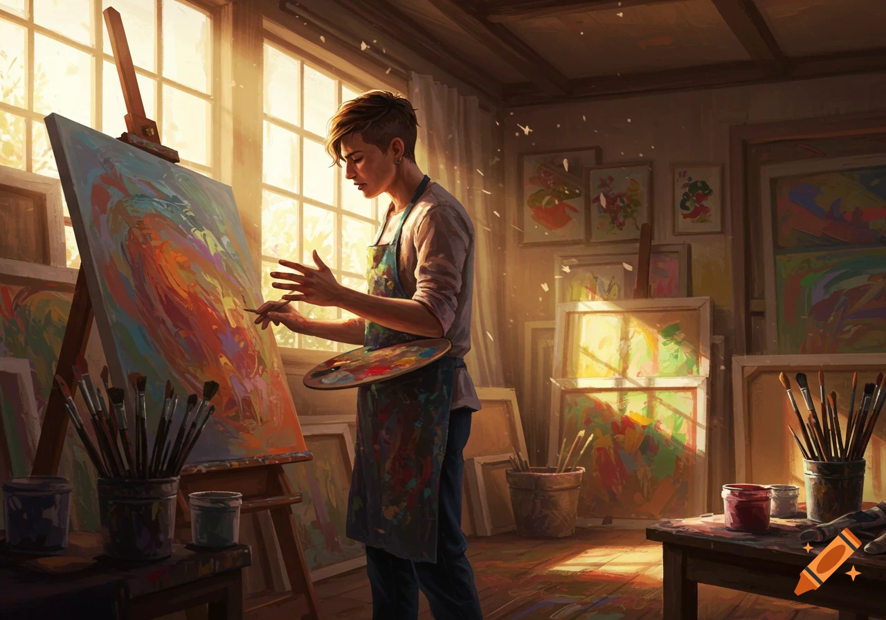 An artist paints an abstract artwork on an easel in a sunlit art studio, digital illustration.