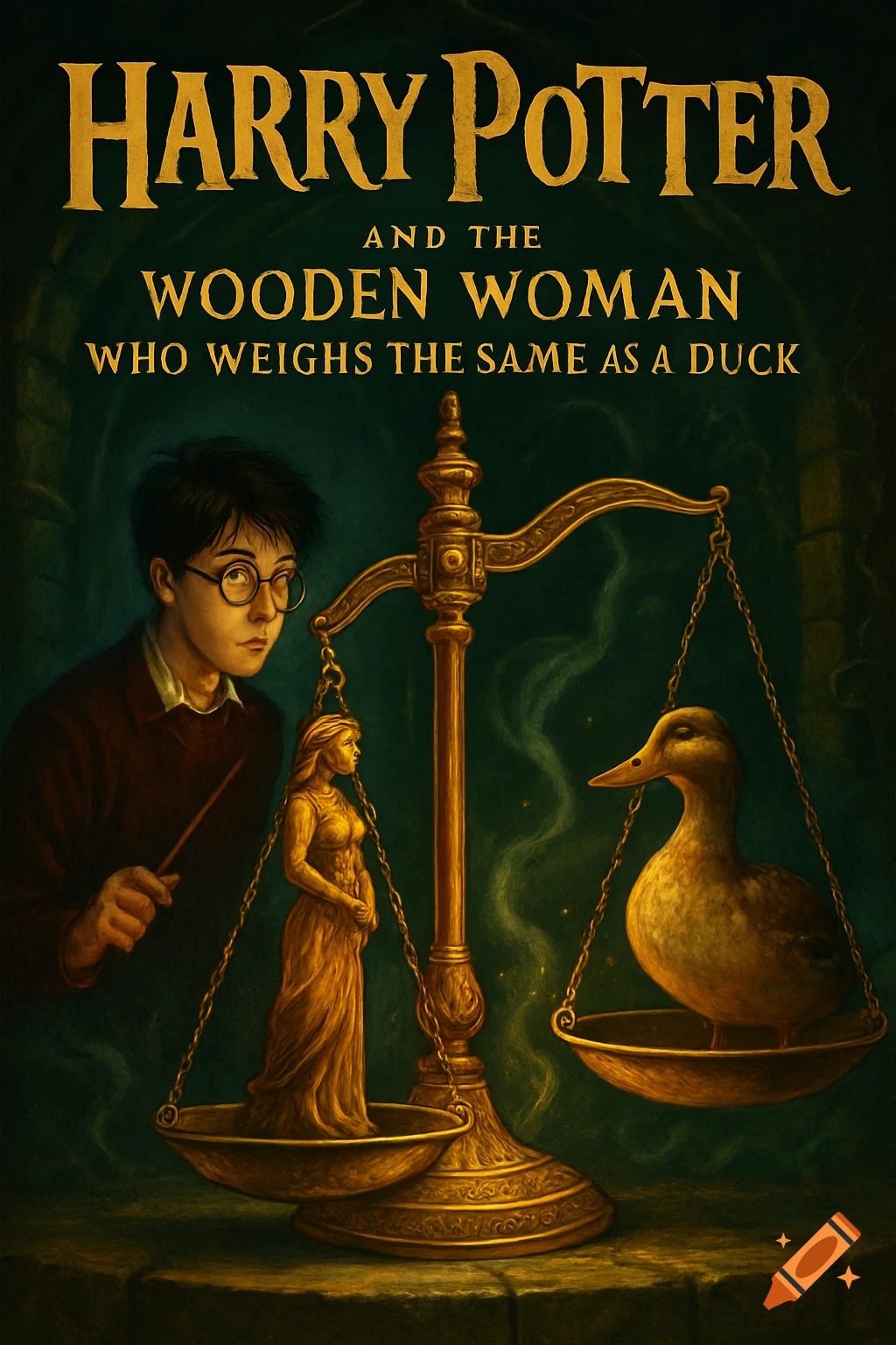 Illustrated book cover featuring Harry Potter looking at a scale balancing a wooden woman statue and a duck.