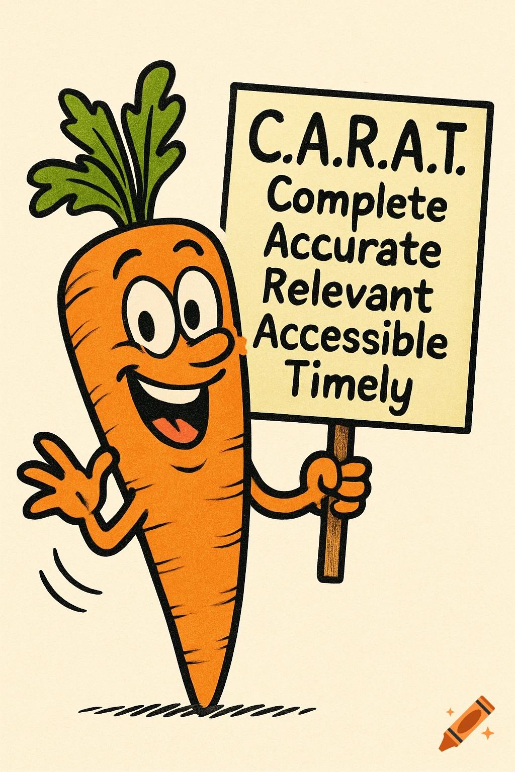 A happy cartoon carrot character holds a sign reading "C.A.R.A.T. Complete, Accurate, Relevant, Accessible, Timely".