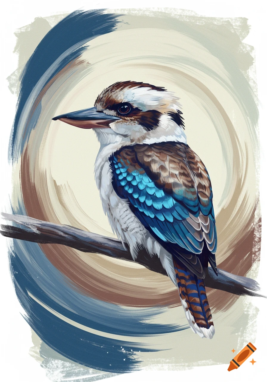 An abstract illustration of a kookaburra perched on a branch, featuring blue, brown, and cream brushstrokes.