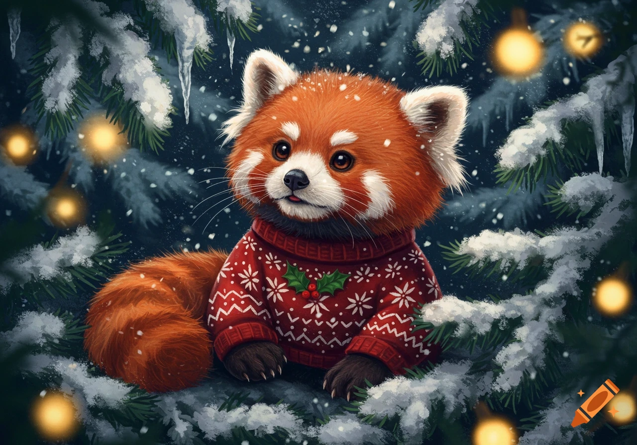 An adorable red panda in a red Christmas sweater sits among snowy evergreen branches with twinkling lights.