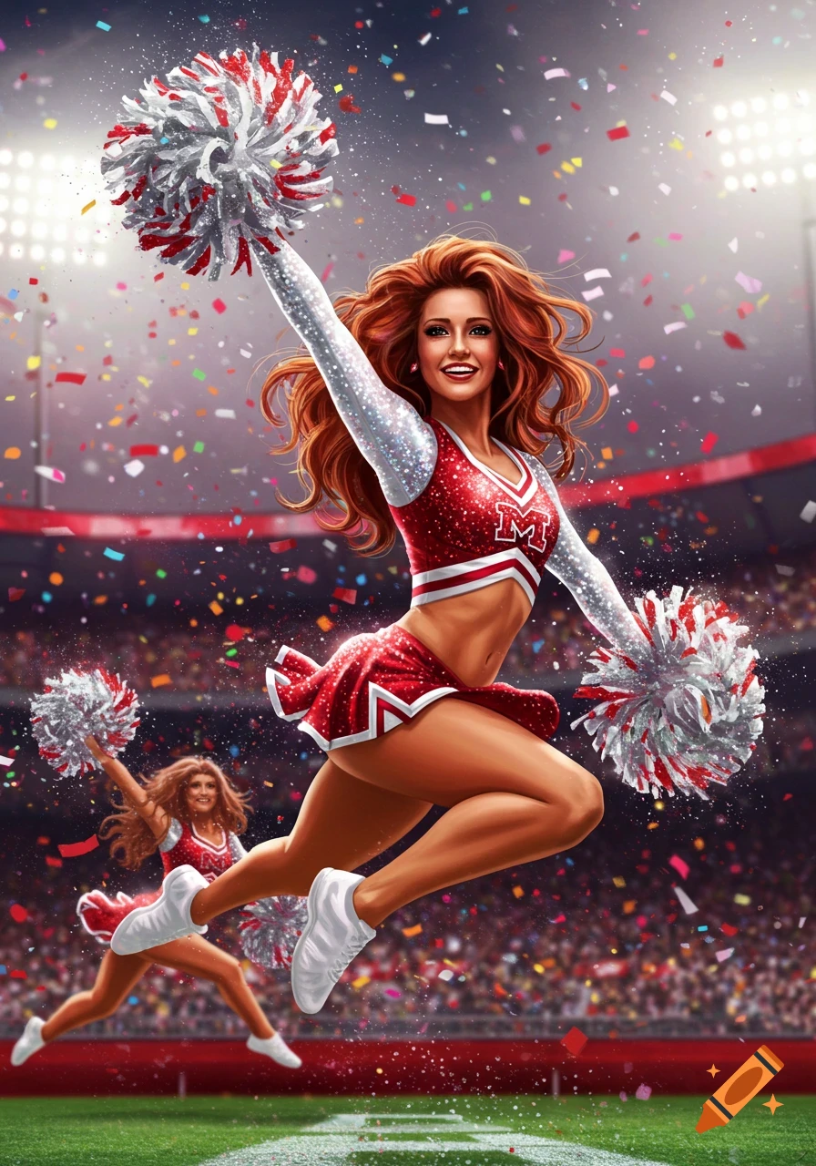 Illustrated cheerleader in red and white uniform leaps with pom-poms as confetti falls in a stadium.