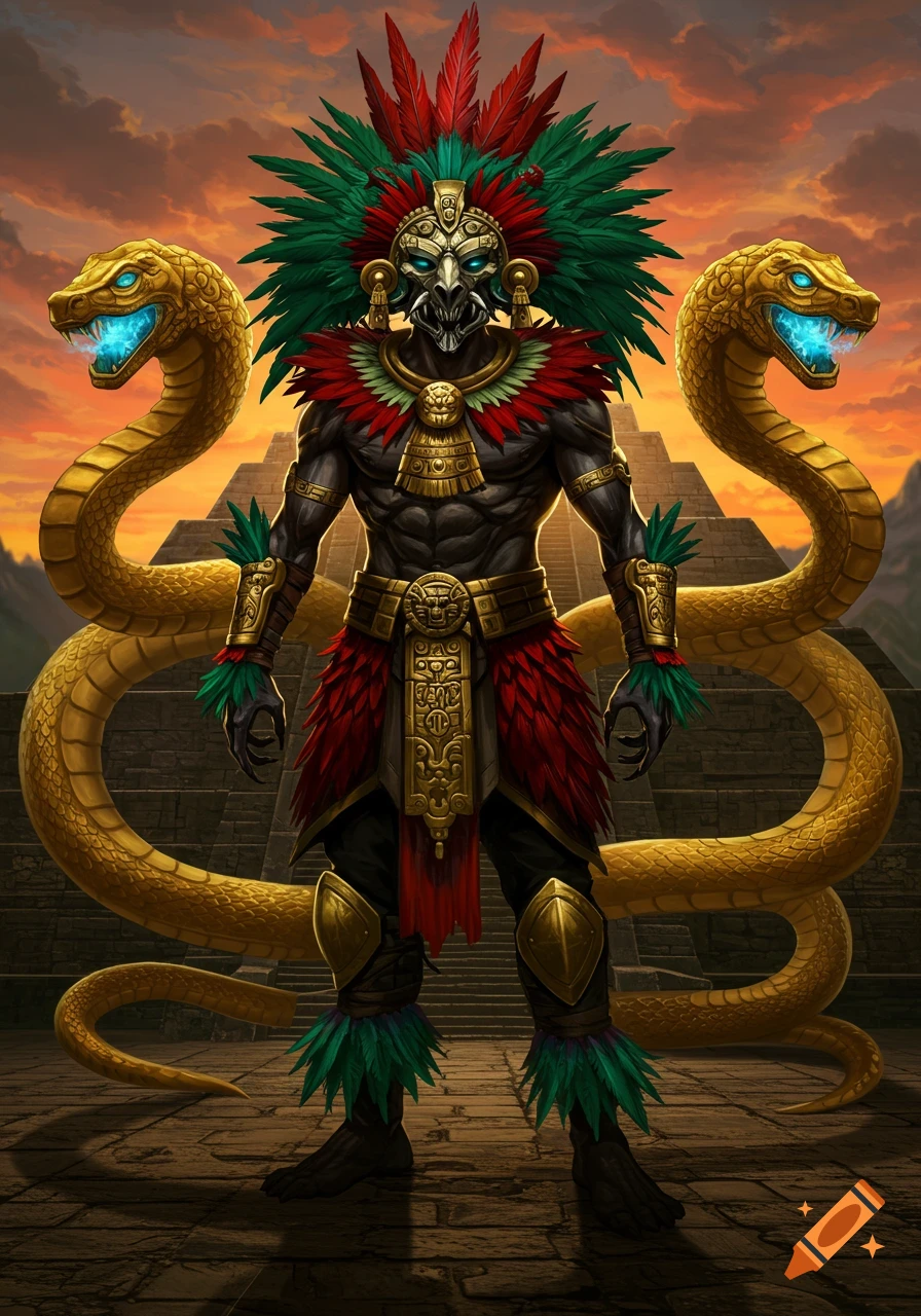 Aztec warrior in feathered headdress and golden armor, flanked by two glowing golden snakes, standing before a pyramid at sunset.
