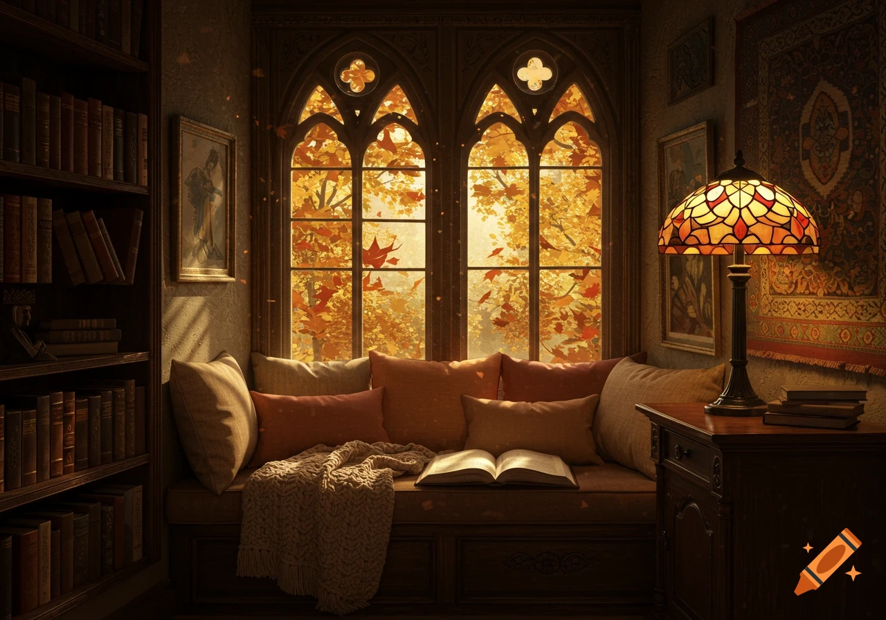 A cozy reading nook with gothic windows overlooking an autumn forest, a blanket, pillows, an open book, and a Tiffany lamp.