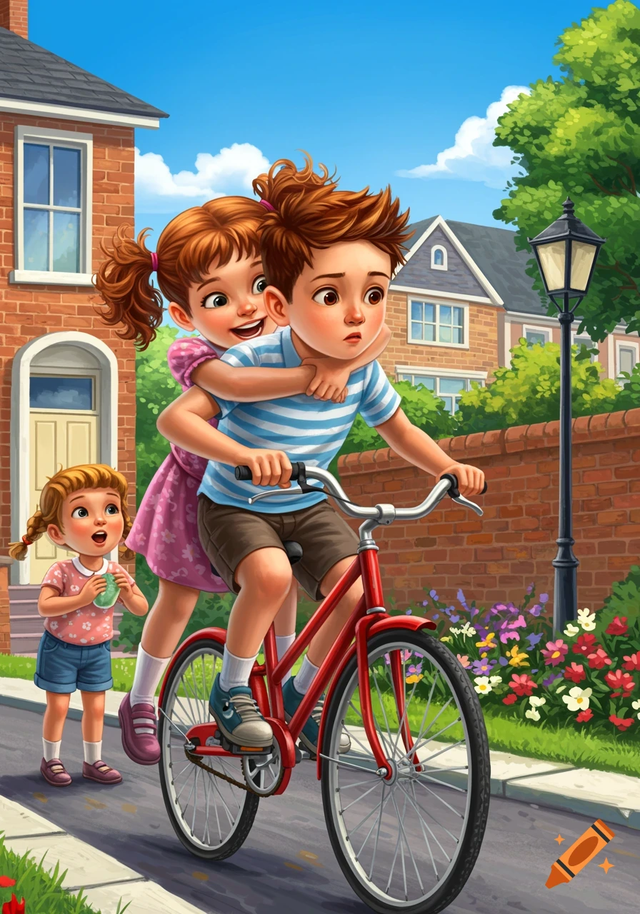Colorful digital illustration of a boy on a red bicycle with a girl clinging to his back on a sunny residential street, another child watches.