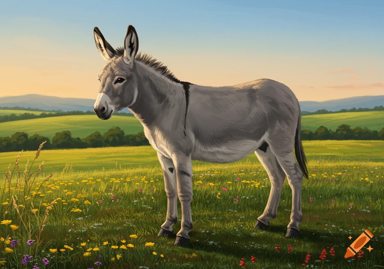 A gray donkey stands in a vibrant green meadow filled with yellow and purple wildflowers under a clear blue sky with distant hills.