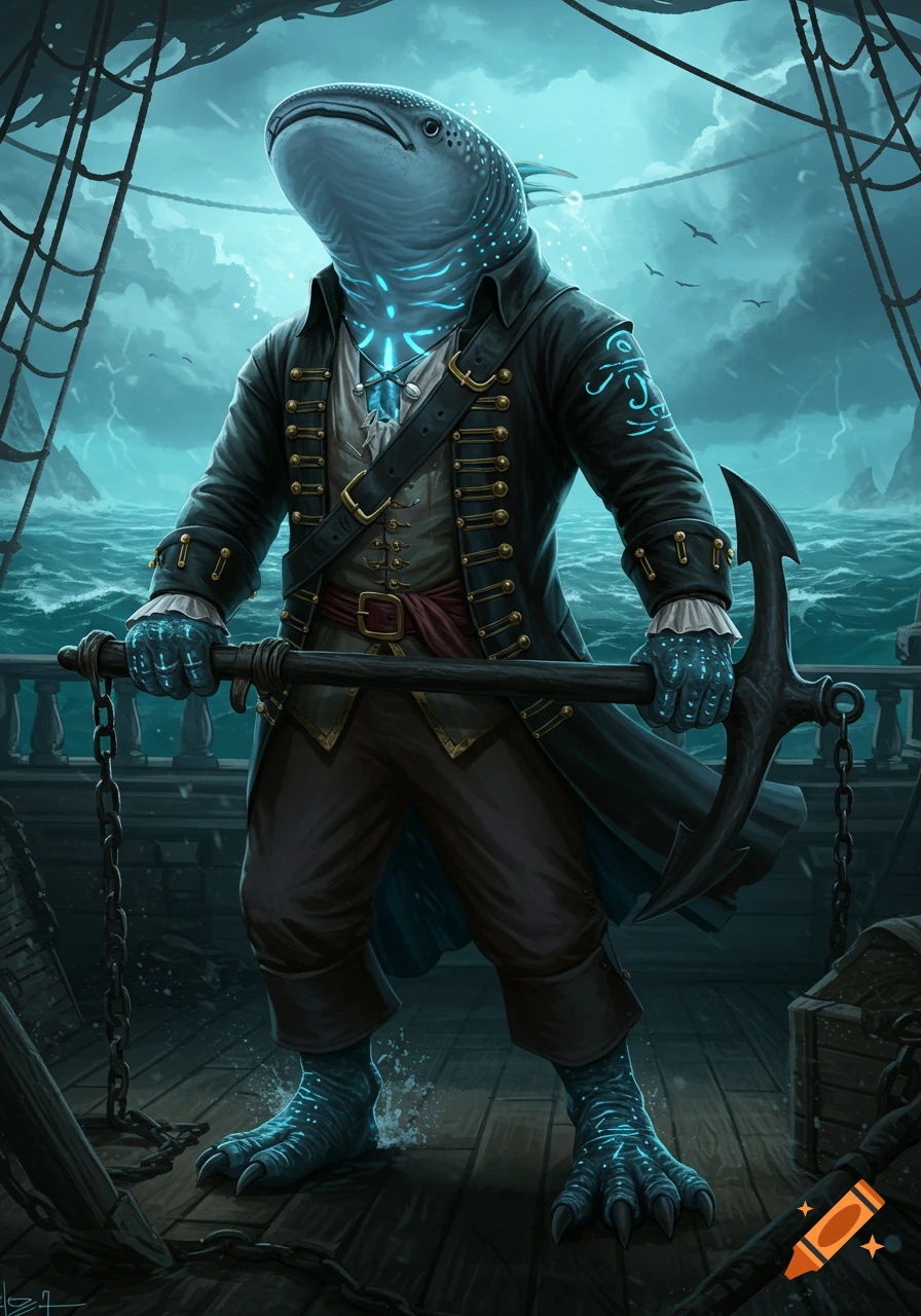 An anthropomorphic whale shark pirate with glowing tattoos stands on a ship, holding an anchor. Fantasy art style.