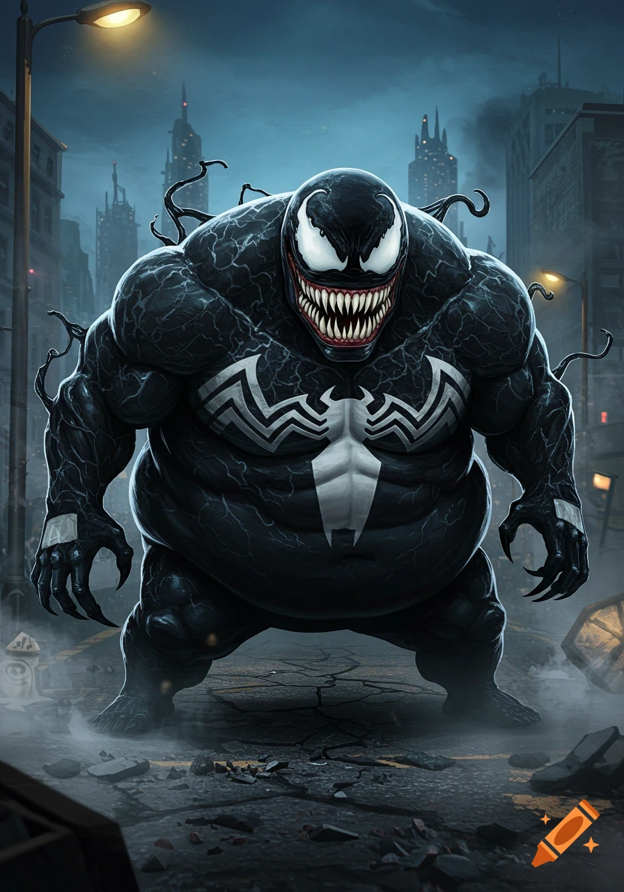 A super fat, menacing Venom with sharp teeth and glowing white eyes stands on a dark, damaged city street in a comic book style.