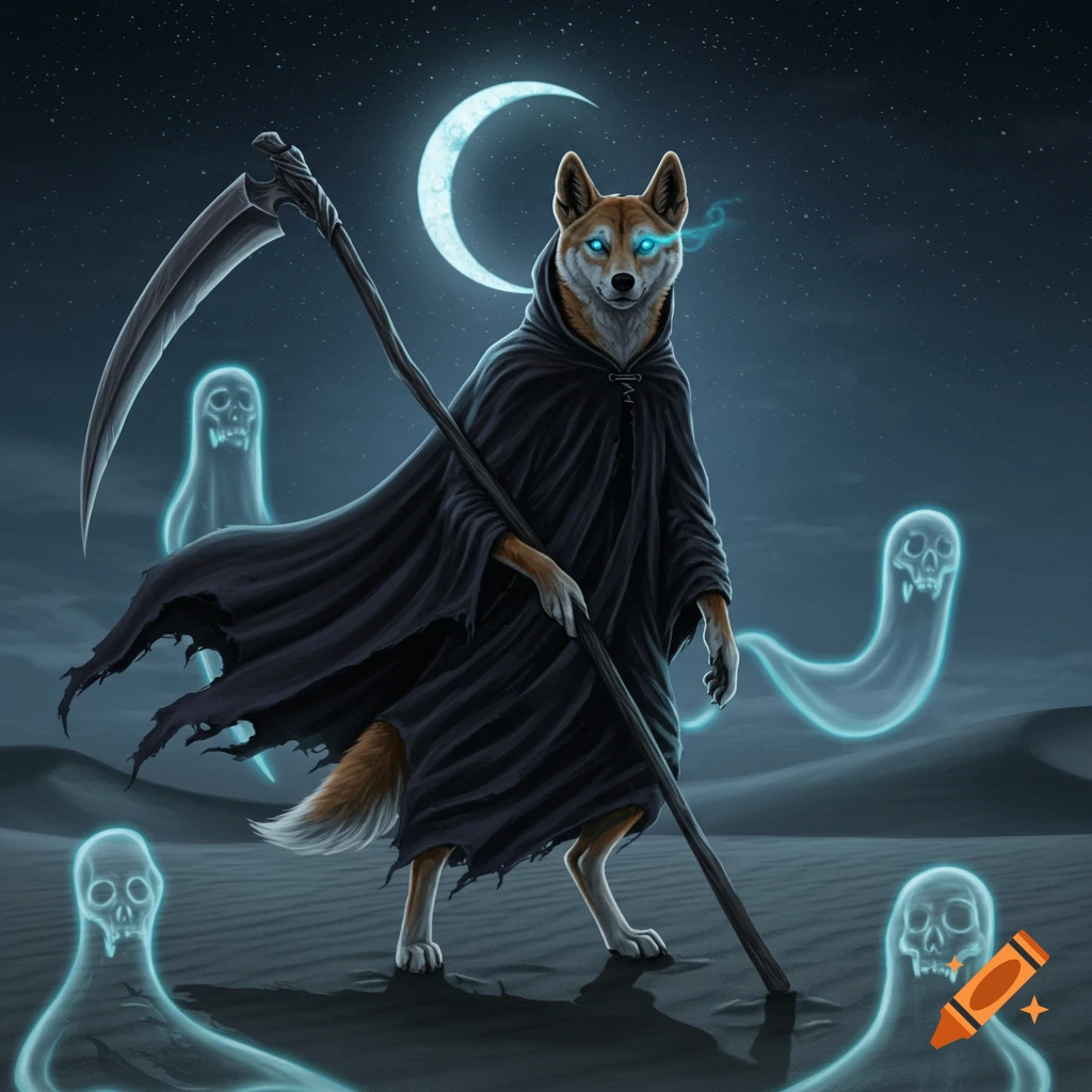 A dingo grim reaper with glowing blue eyes holds a scythe, surrounded by blue ghosts in a desert under a crescent moon.