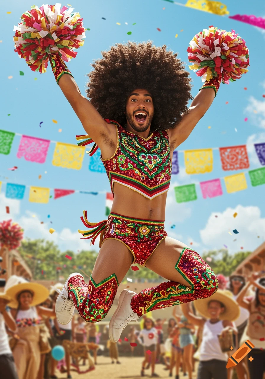 A joyful man in a sequined red and green costume with a large afro jumps, holding colorful pom-poms, at an outdoor celebration with banners.